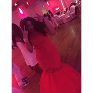 Red embellished mermaid style prom dress!